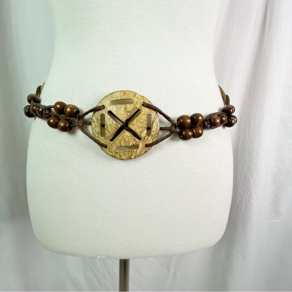 Vintage Boho Hippie Coconut Shell Faux Leather Macrame Belt